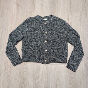 LOFT Outlet Womens L Button Up Marled Knit Cardigan Sweater Black‎ White Knit